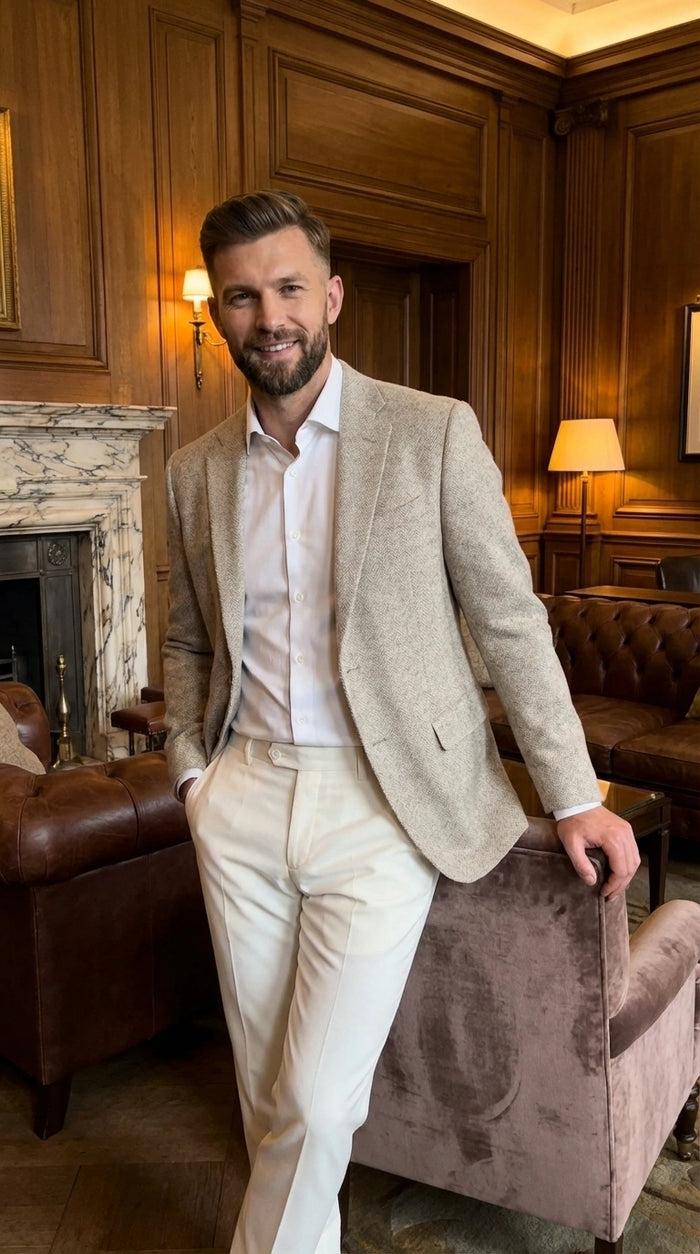 Men’s Light Tan Tweed Blazer – Classic Herringbone Sport Coat, Beige Casual Formal Jacket, Vintage Style Business & Smart Casual Wear
