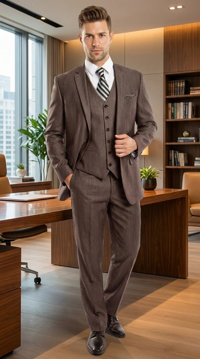Men’s Brown Sharkskin 3 Piece Suit – Textured Two Button Vested Business Formal Suit for Wedding, Party Wear Elegant