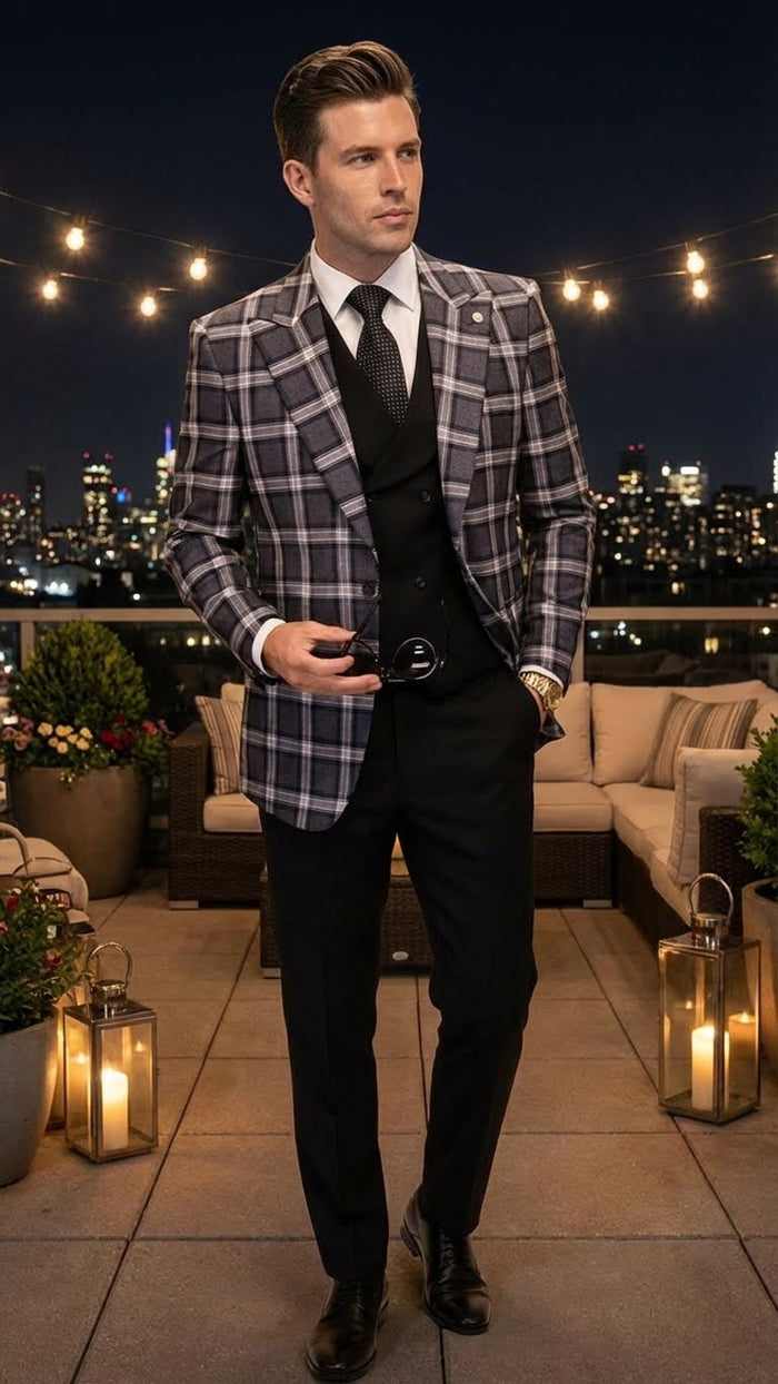 Mens Big and Tall Charcoal Gray and Black Plaid Blazer  Grey Checker Windowpane Sport Coat