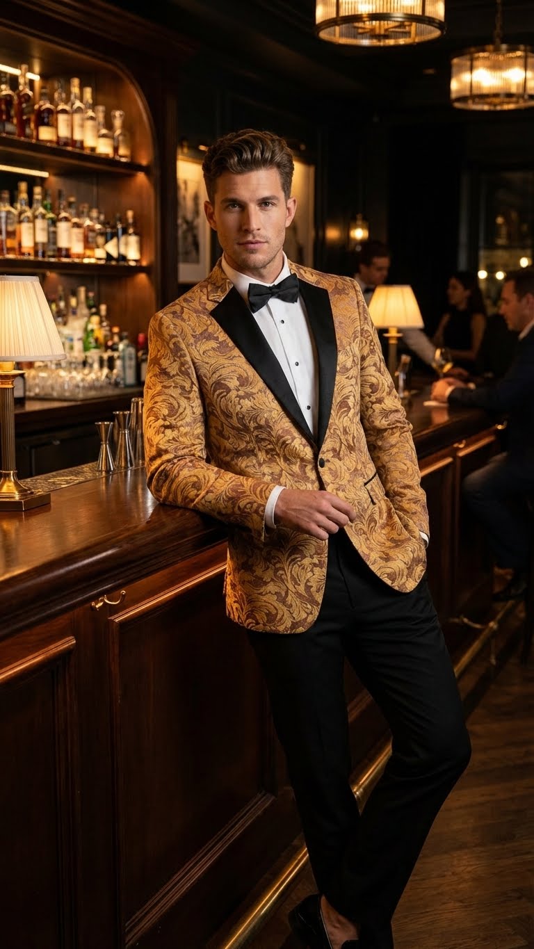Mens Yellow Gold Baroque Pattern Tuxedo Blazer Suit  Party and Wedding Jacket Prom Paisley Black Pants