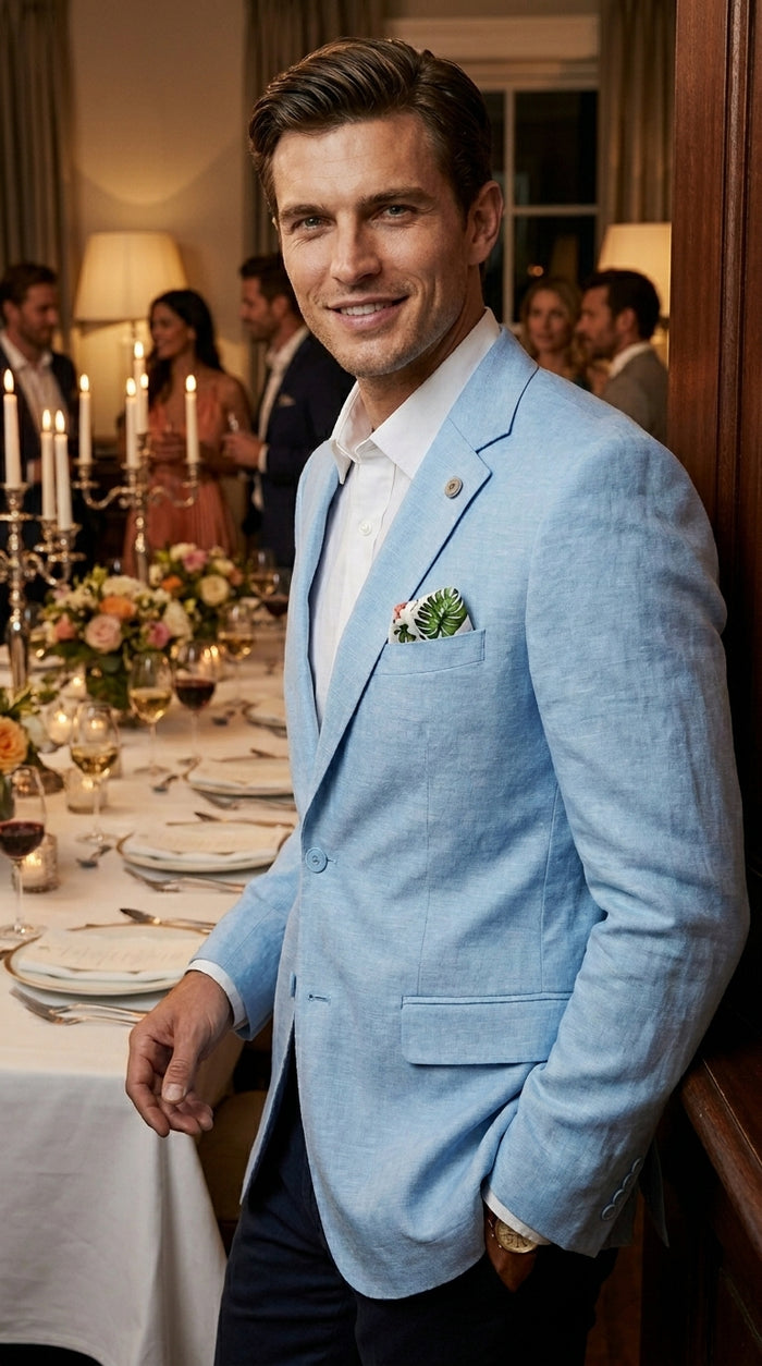 Men’s Sky Blue Linen Style Summer Blazer with Two Button Front, Lightweight Wedding Sport Coat