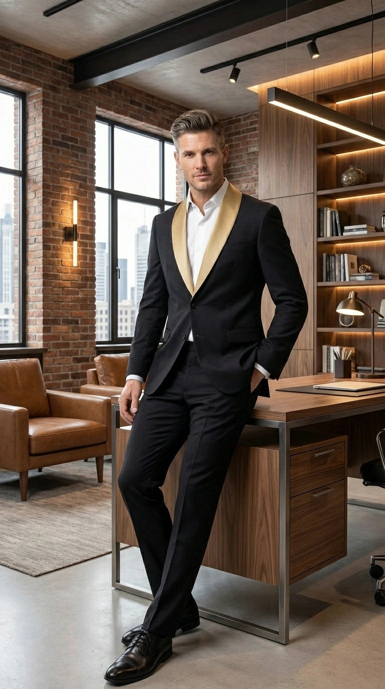 Men’s Black Suit with Gold Lapel – Luxury Formal Tuxedo Style Suit for Wedding, Prom, Party and Evening Wear