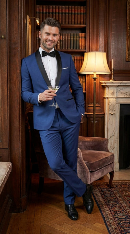 Men’s Indigo Shawl Prom Tuxedo with Black Lapel, One Button Jacket and Matching Pants