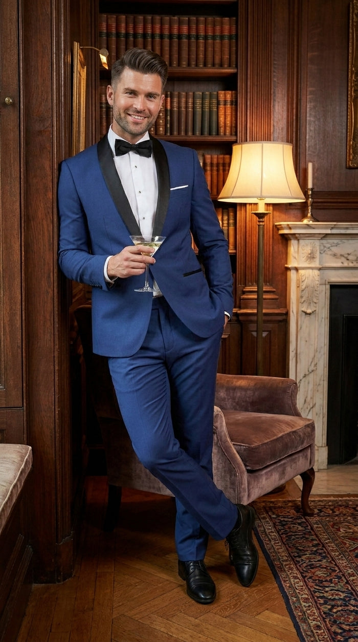 Men’s Indigo Shawl Prom Tuxedo with Black Lapel, One Button Jacket and Matching Pants