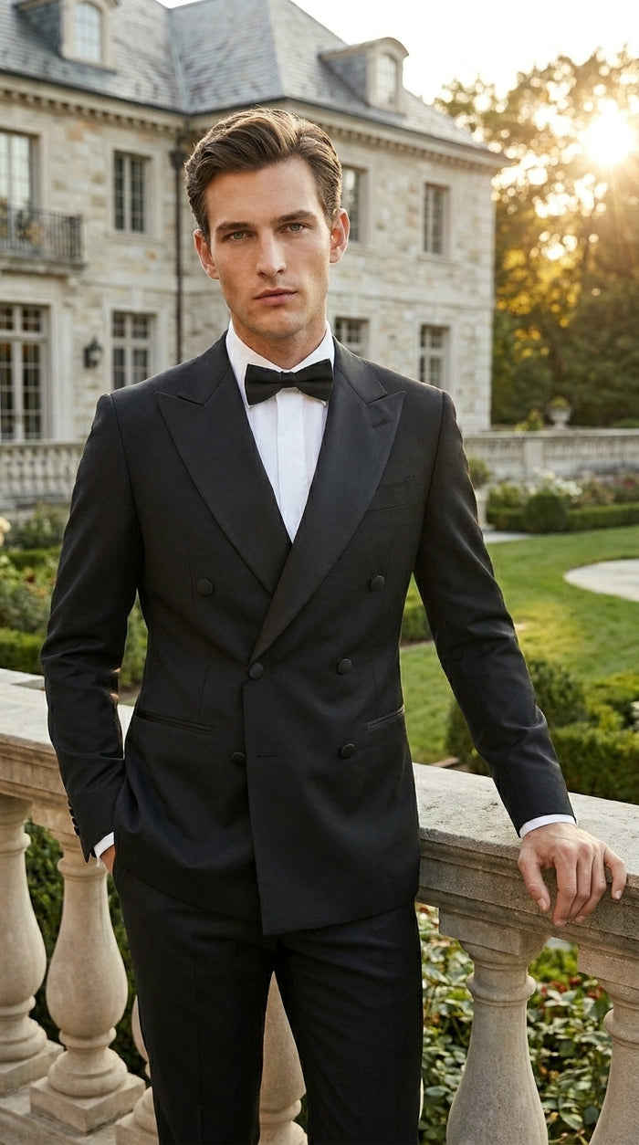 Men’s Black Double Breasted Tuxedo Jacket with Satin Peak Lapel, Formal Wedding Dinner Blazer