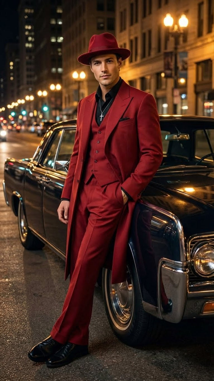 Men's 1920s Red Zoot Suit - Long Mafia Gangster Three-Piece Vintage Outfit Zuit Pachuco Style