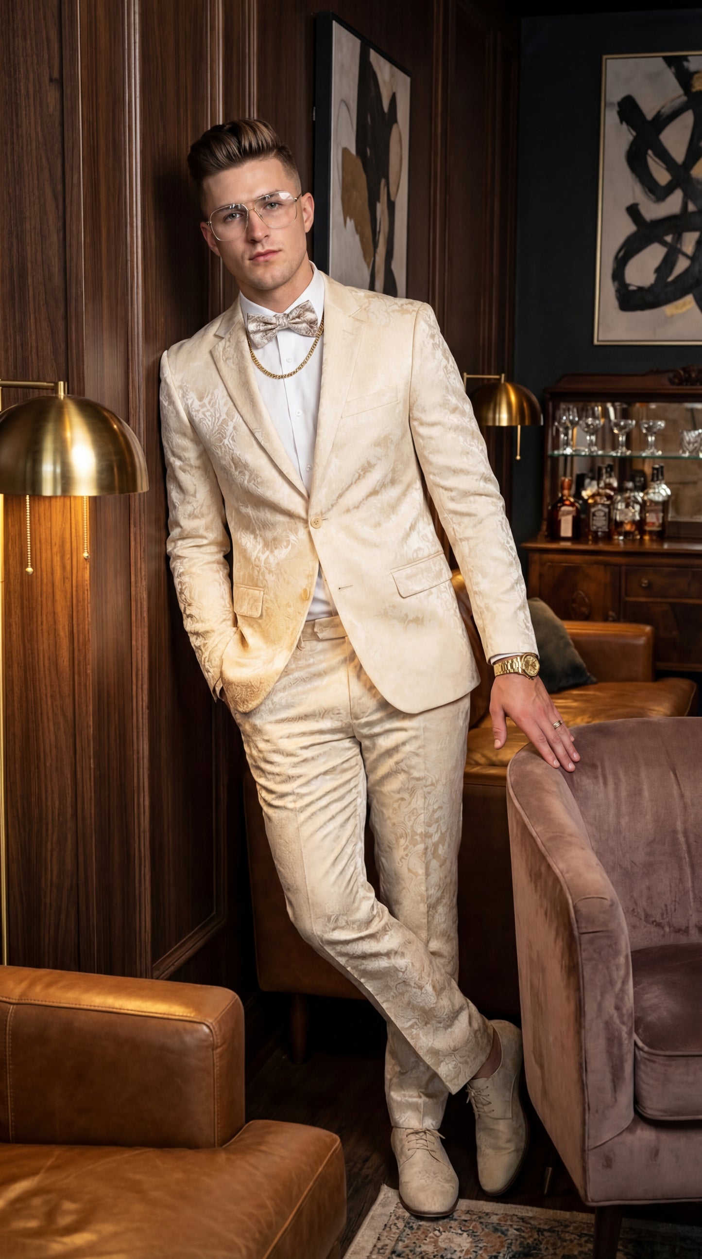 Mens 2 Button White with Gold Foil Floral Paisley Prom and Wedding Tuxedo