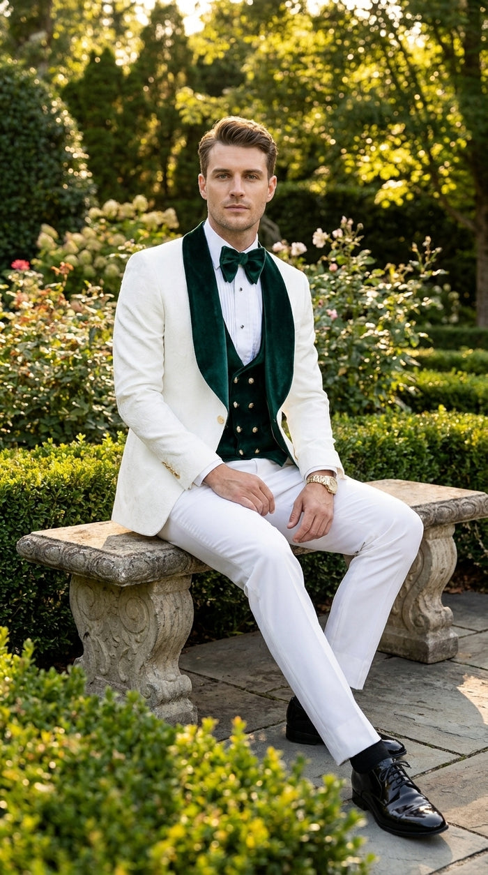 Men’s White and Green Tuxedo Wedding Suit with Shawl Lapel, Velvet Vest and Pants