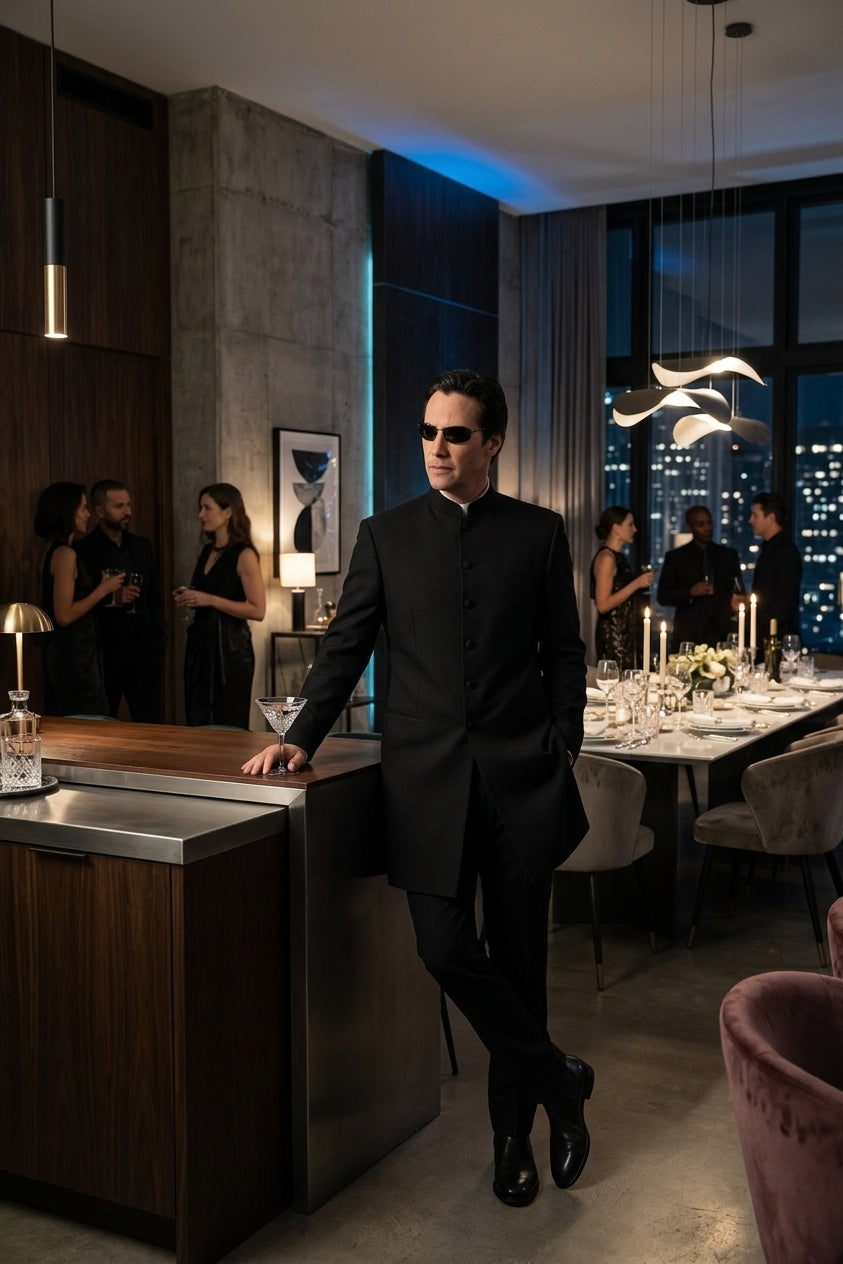 Men’s Black Coat Matrix Keanu Reeves Inspired Long Coat – Classic Mandarin Collar Formal Overcoat, Stylish Winter Trench Coat, Neo Style Jacket