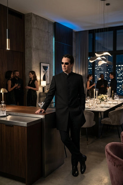 Men’s Black Coat Matrix Keanu Reeves Inspired Long Coat – Classic Mandarin Collar Formal Overcoat, Stylish Winter Trench Coat, Neo Style Jacket