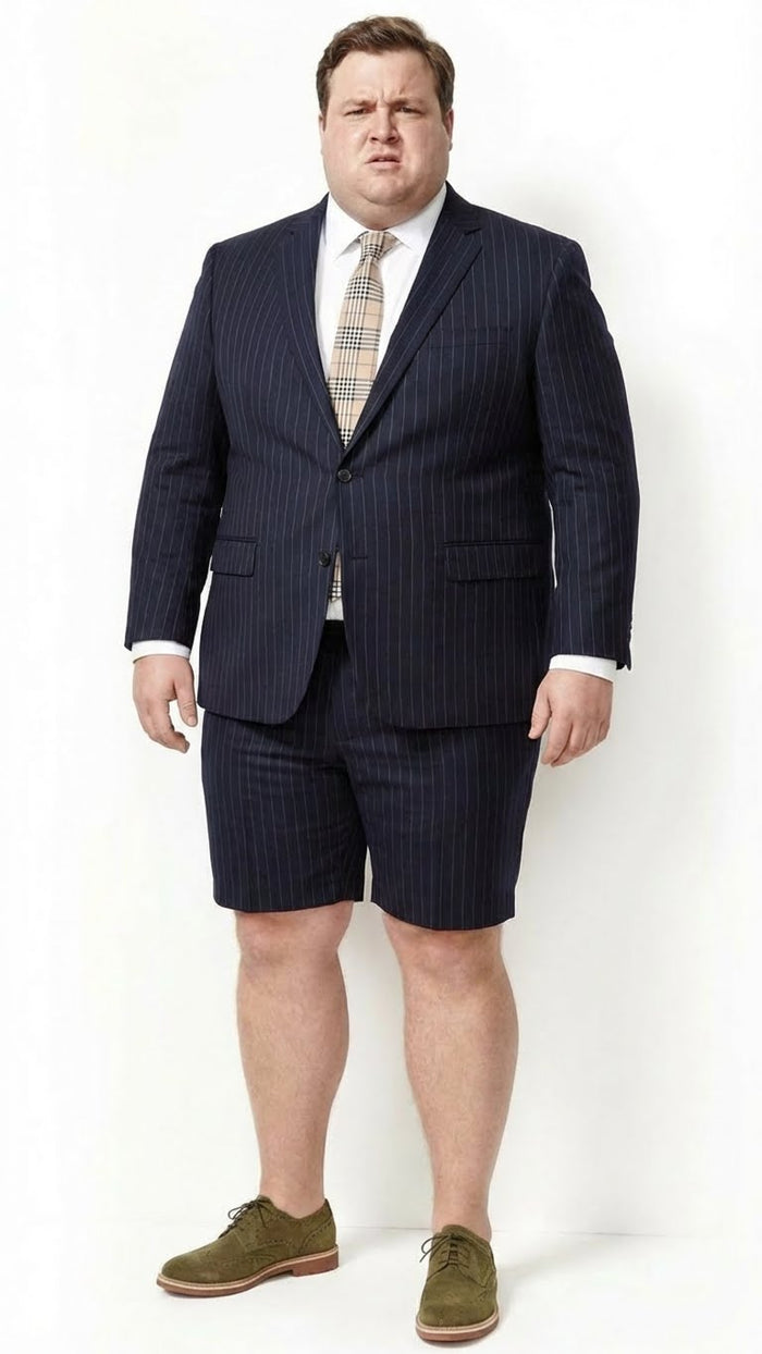 Men’s Dark Navy Blue Pinstripe or Black Pinstripe  Summer Business Suit with Shorts Pants Set – Sport Coat Style Formal and Casual Outfit