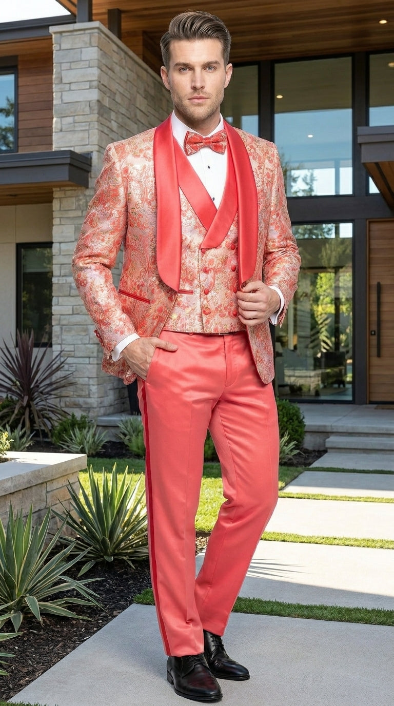 Men's One Button Paisley Wedding Tuxedo with Double Breasted Vest in Coral Orange