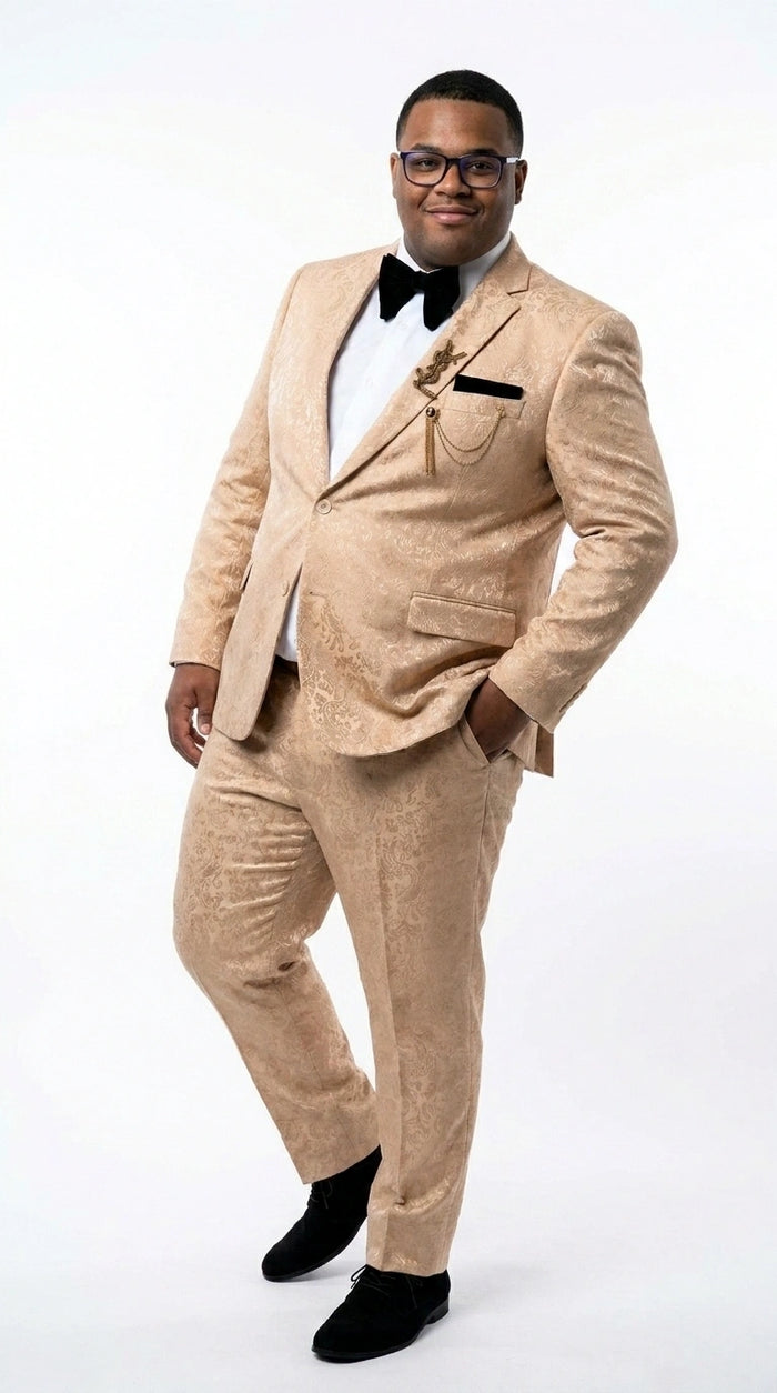 Men’s Champagne Gold Paisley Prom Tuxedo, Formal Dinner Suit for Prom, Weddings, Parties in Tan Color