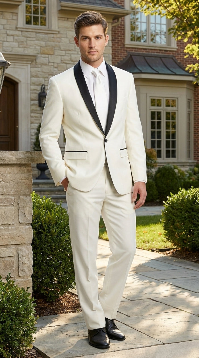 Men’s Ivory and Black Shawl Tuxedo Suit with Jacket and Pants, Formal Wedding Dinner Suit