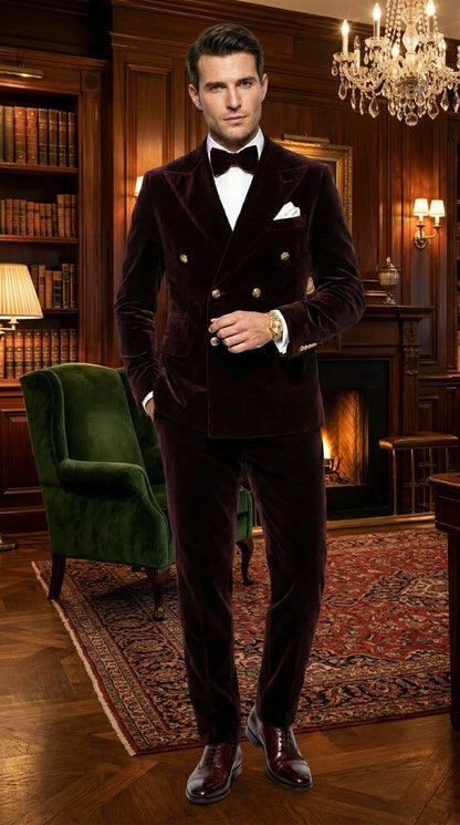 Men’s Dark Brown Velvet Blazer and Pants 2 Piece Suit, Double Breasted Formal Dinner Suit for Weddings, Prom