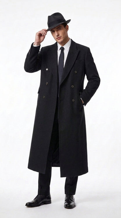 Men’s Godfather Black Double-Breasted Long Overcoat – Vintage Mobster Gangster Coat