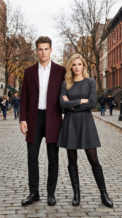 Mens Burgundy Mid-Length Overcoat  Classic Fit Wool Blend Dress Coat Three Quarter Carcoat Topcoat