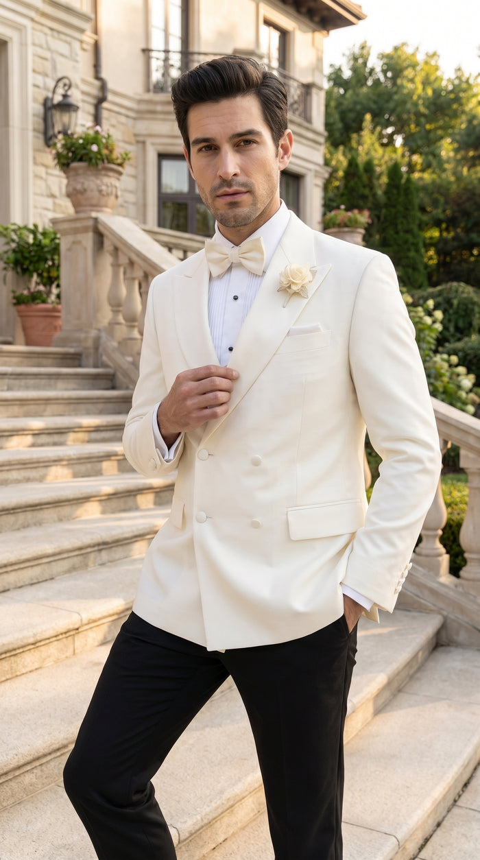 Men’s Ivory Double Breasted Dinner Jacket, Peak Lapel Formal Wedding Prom Tuxedo Blazer in cream off white color