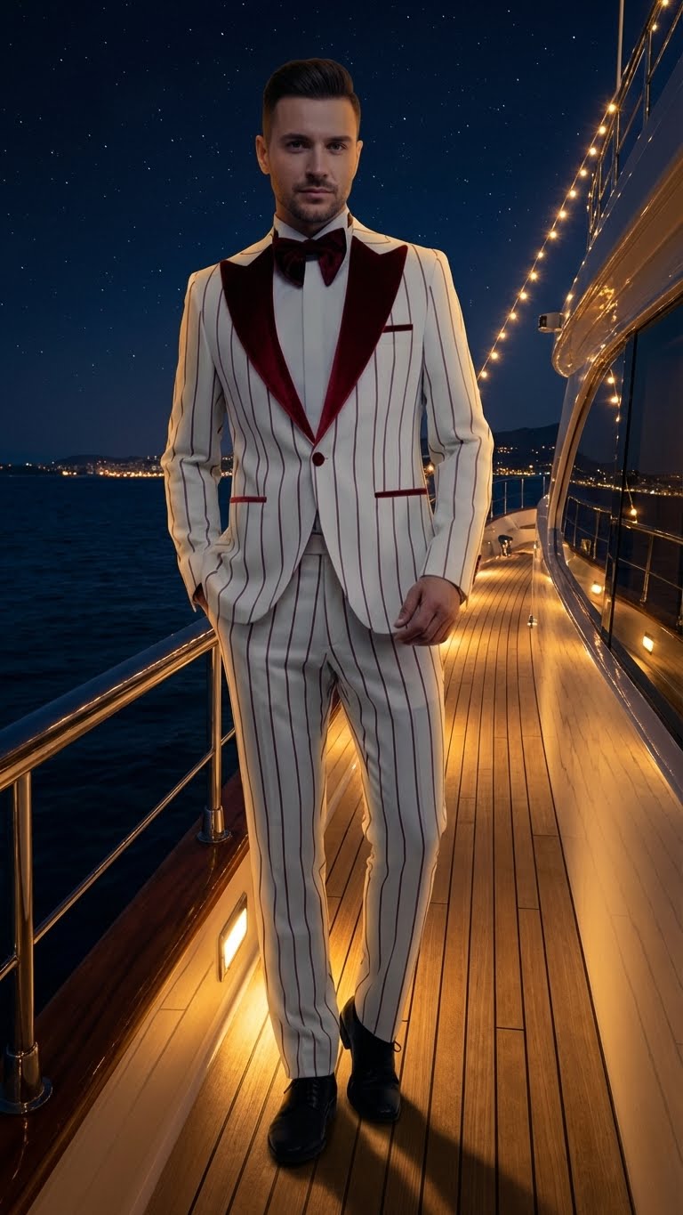 Mens White and Dark Red Pinstripe Tuxedo with Velvet Shawl Lapel  Formal Dinner Blazer Prom Christmas New Year Holiday Suit