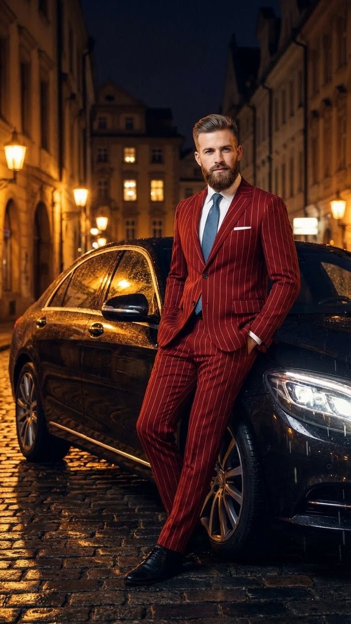 Men's Red Pinstripe Suit - Stripe Two-Button Vested Suit 2 Buttons
