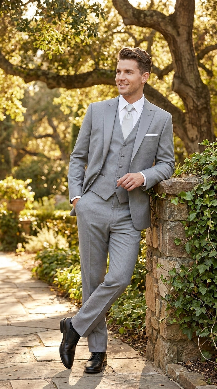Men’s Light Grey Vested Tuxedo with One Button Jacket, Peak Lapel and Matching Pants