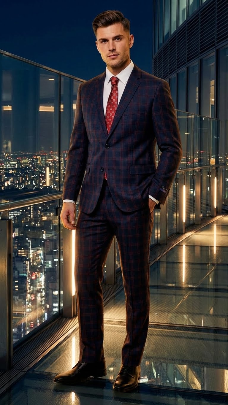 Mens Navy Blue and Burgundy Checkered Two-Piece Suit Plaid Windowpane  Flat Front Pants or Pleated Wide Leg Pants - 100% Wool