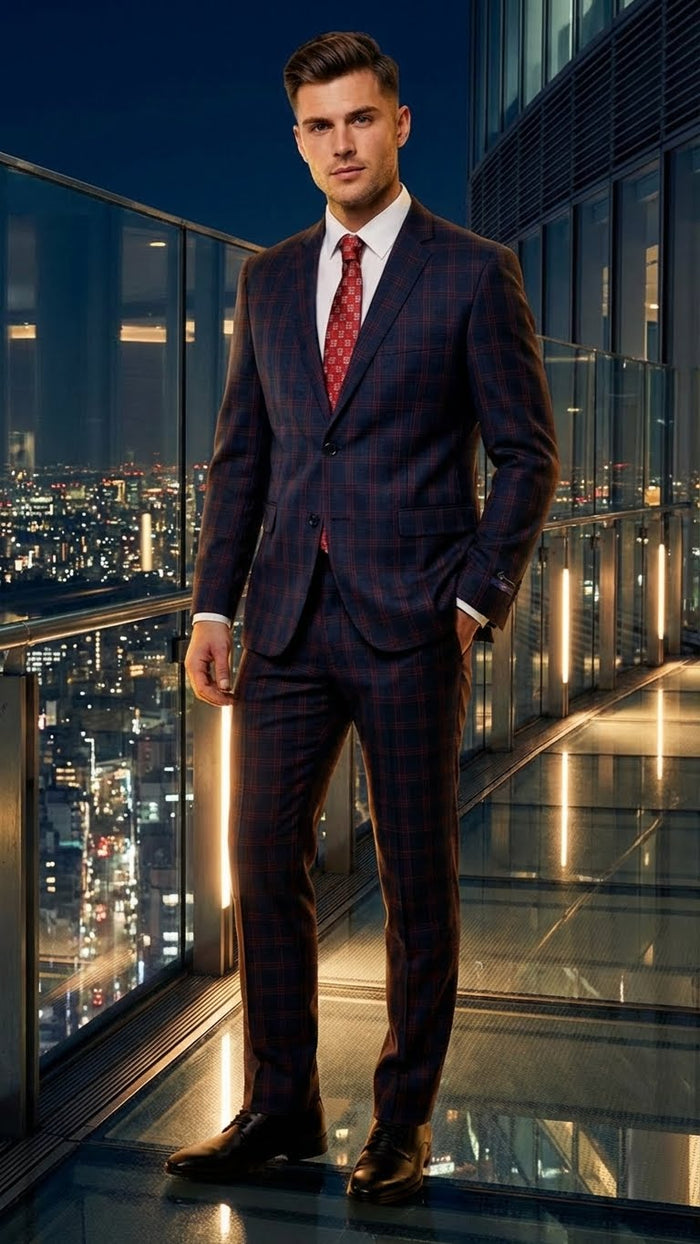 Mens Navy Blue and Burgundy Checkered Two-Piece Suit Plaid Windowpane  Flat Front Pants or Pleated Wide Leg Pants - 100% Wool