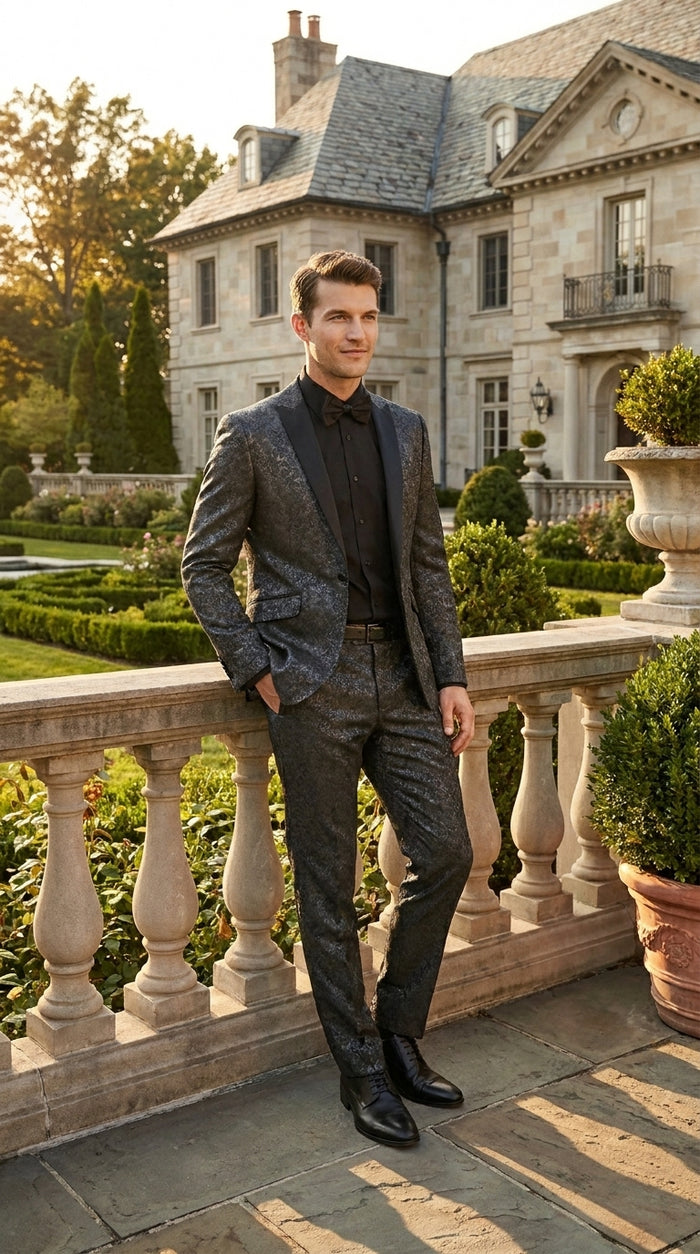 Men’s Black Paisley Wedding and Prom Tuxedo with One Button Jacket, Formal Dinner Suit