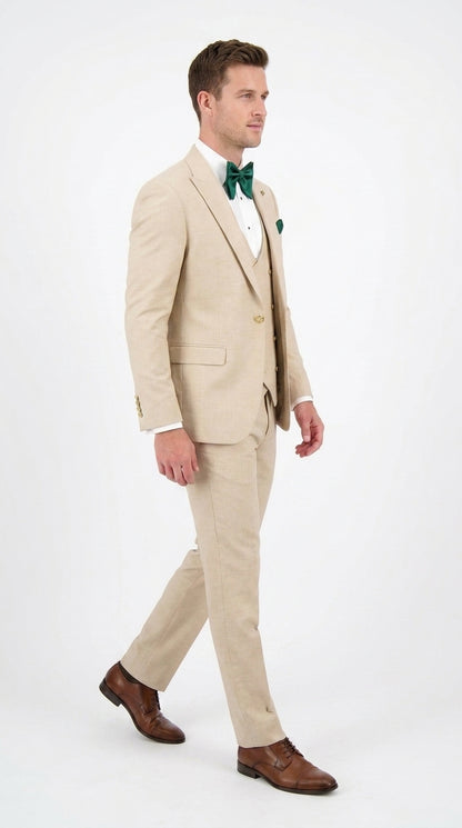 Men’s Khaki Tan 3-Piece Groomsmen Suit – Wedding Suit with Double-Breasted Vest and Pants Great Gatsby Style Gold buttons