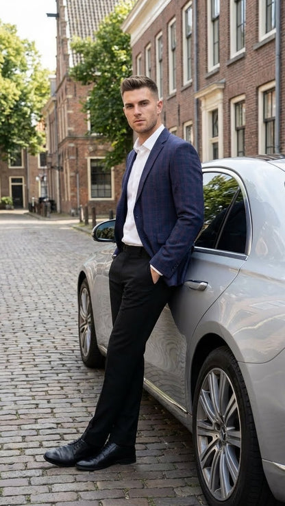 Mens Big and Tall Navy Blue with Burgundy Plaid Jacket and Sport Coat  Wool Blazer