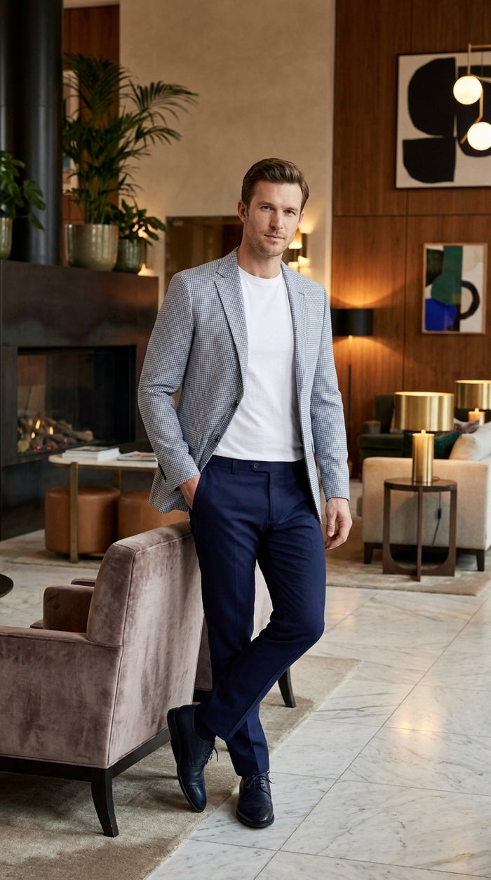 Men’s Light Blue Checkered Sport Coat – Two-Button Wedding, Business and Smart Casual Blazer