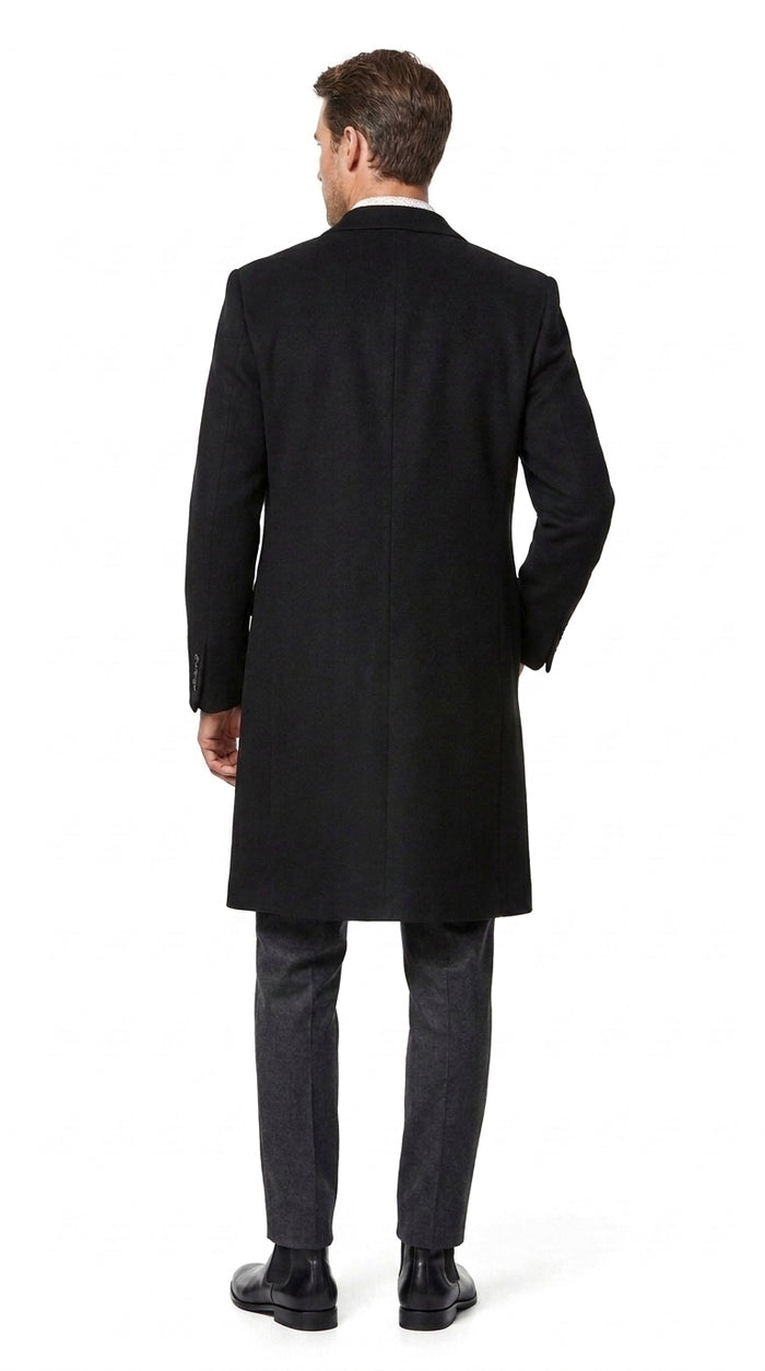 Men’s Big and Tall Black Cashmere Overcoat – Full-Length Winter Dress Coat for Business and Formal Wear