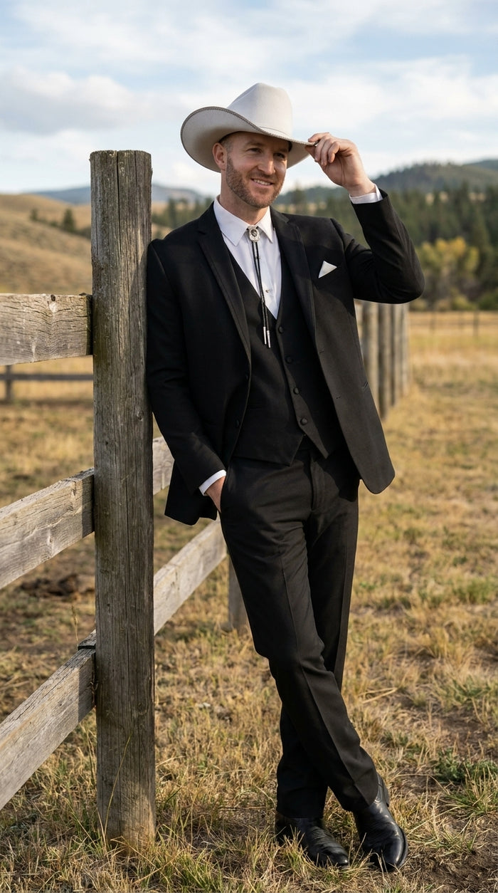 Men’s Black Western Wedding Suit with Vest and Pants, Cowboy Tuxedo Formal Dress Suit