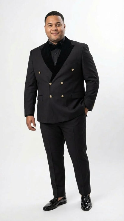 Mens Black Double Breasted Tuxedo Suit  Luxury Formal Dinner Jacket Gold Buttons Velvet Lapel
