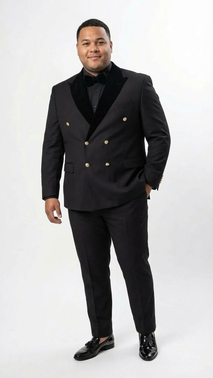 Men's Black Double Breasted Tuxedo Suit - Luxury Formal Dinner Jacket Gold Buttons Velvet Lapel