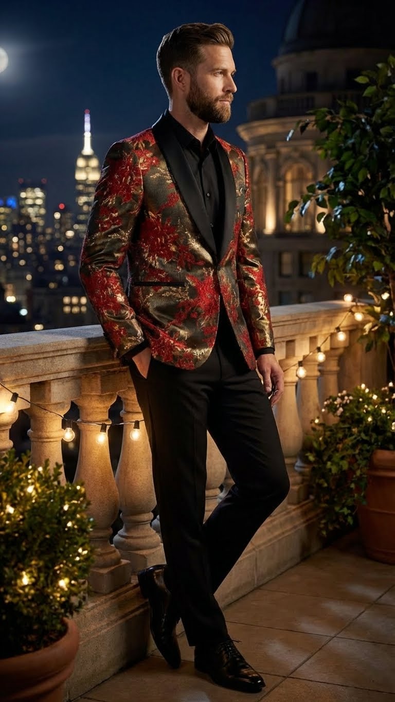 Mens Red and Gold Floral Pattern Paisley  Shawl Lapel | Luxury Evening and Party Wear Jacket Prom Christmas New Year Blazer