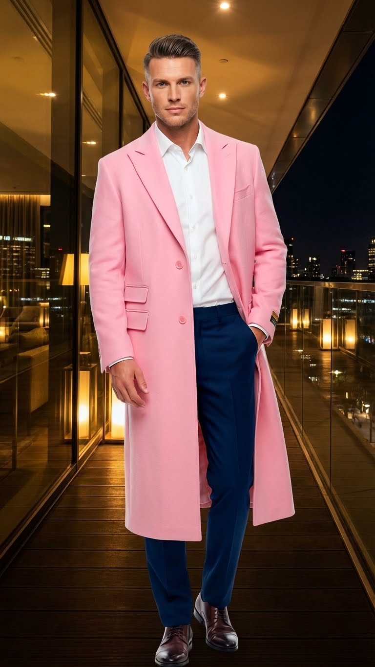 Mens Pink Wool Blend Long Overcoat  Slim Fit Tailored Winter Coat - Carcoat - Topcoat