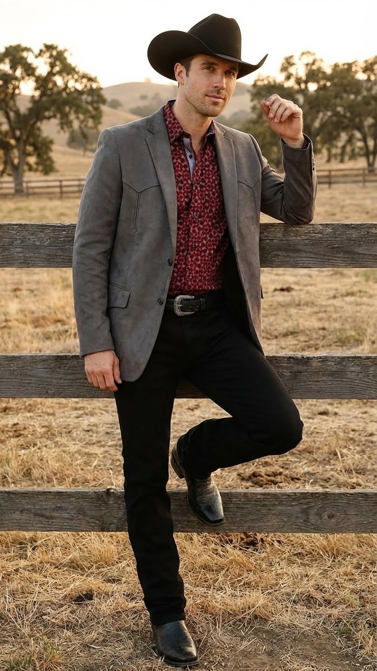 Men’s Charcoal Gray Western Faux Suede Blazer – Double Button Cowboy Jacket for Wedding & Party Wear