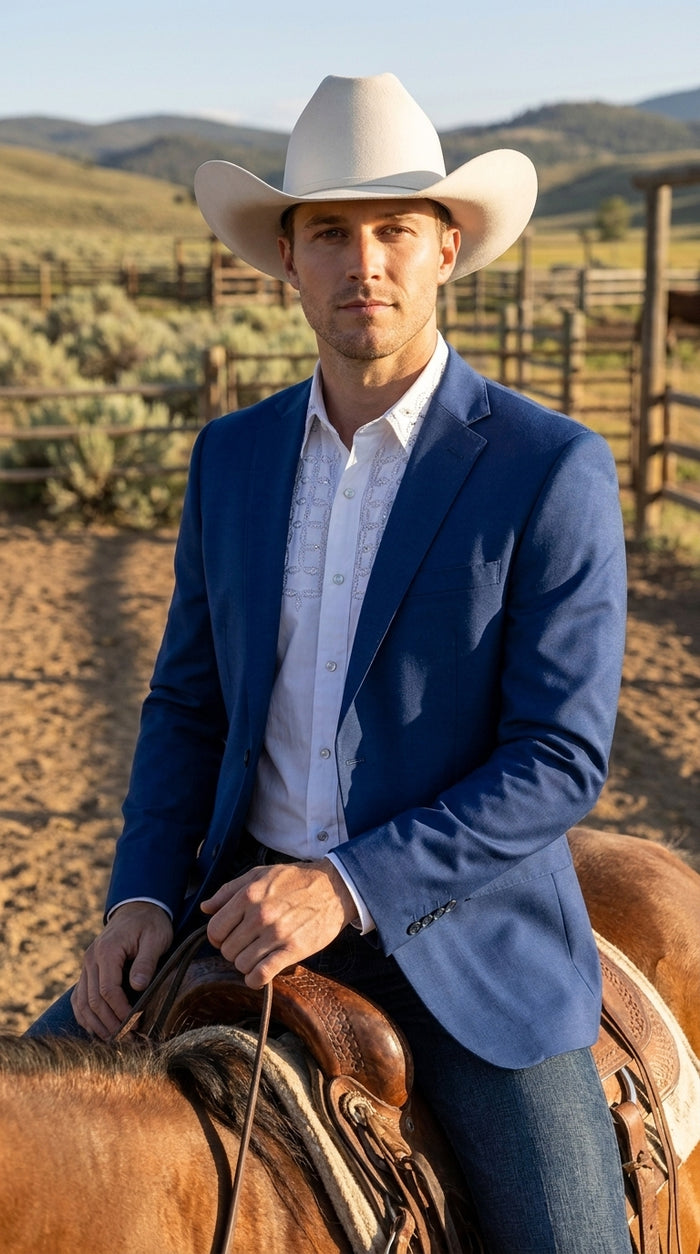 Men’s Dark Royal Blue Western Blazer – Cowboy Sport Coat Jacket with Two-Button Front Saphire Indigo Cobalt Blue