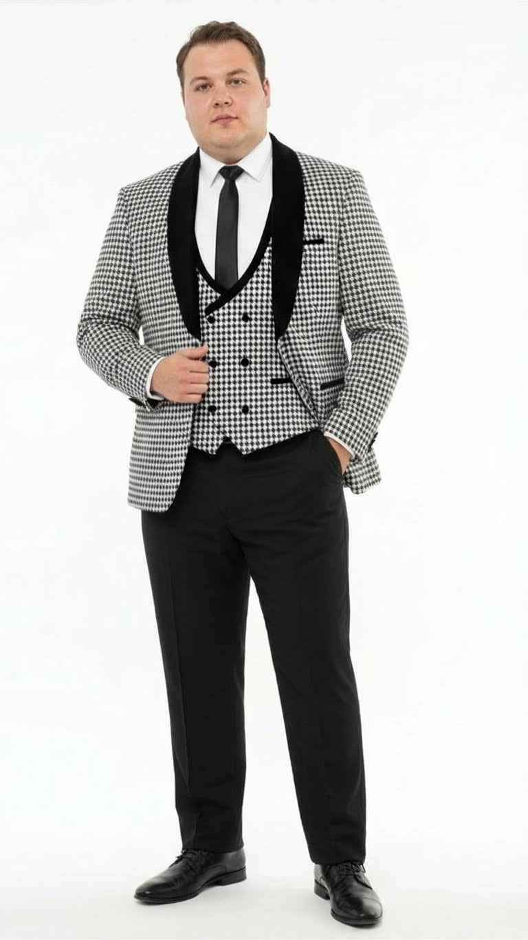 Mens Black and White Houndstooth Tuxedo Set with Velvet Shawl Lapel | 3-Piece Formal Suit with Double-Breasted Vest