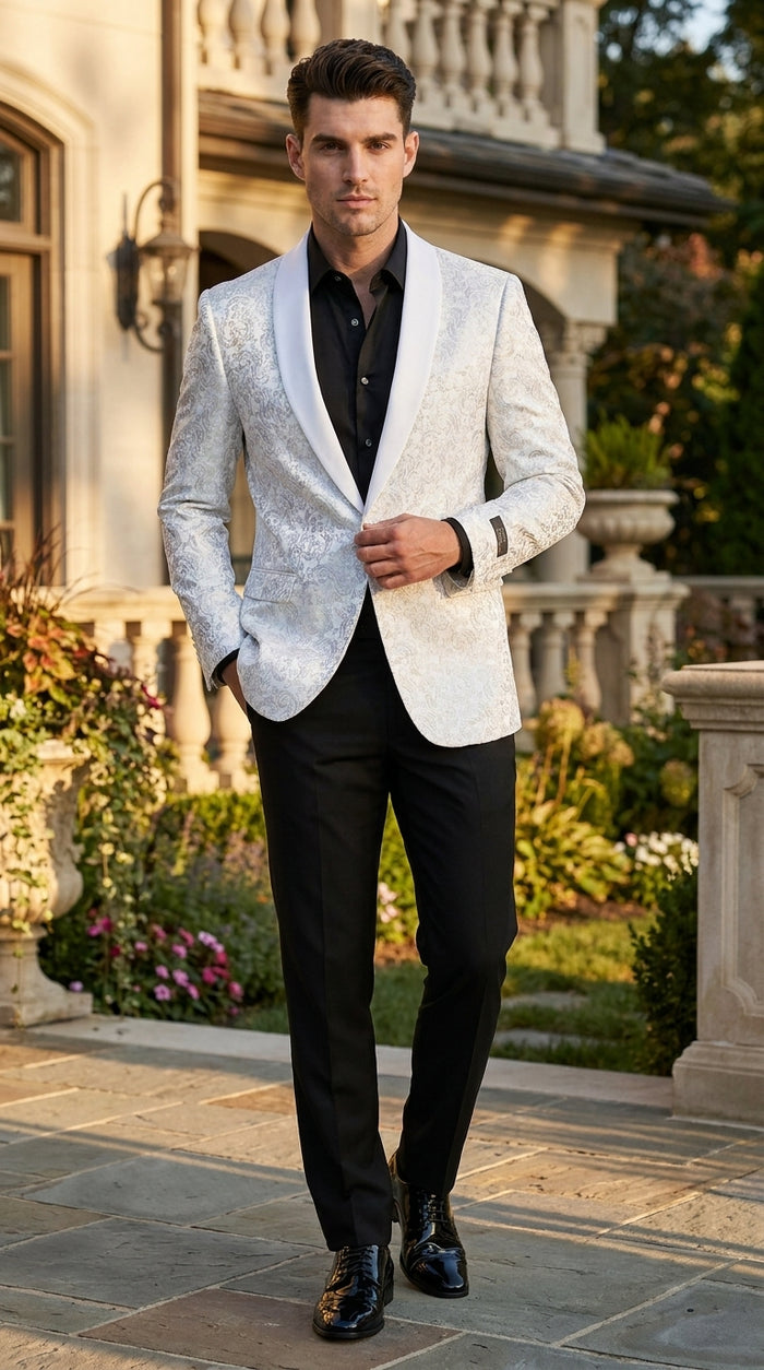 Men’s White Tonal Paisley Tuxedo Jacket with Satin Shawl Lapel, Wedding and Prom Dinner Blazer