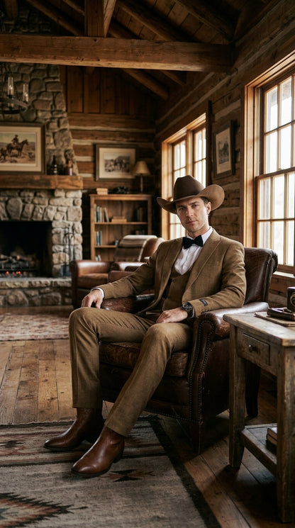 Men’s Light Brown Western 3-Piece Suit – Cowboy Wedding Suit with Vest British Khaki Bronze Color