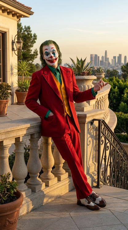 Men's Joker 2019 Red 3-Piece Suit – Joaquin Phoenix Movie-Inspired Costume with Orange Vest & Green Shirt & Tie Package