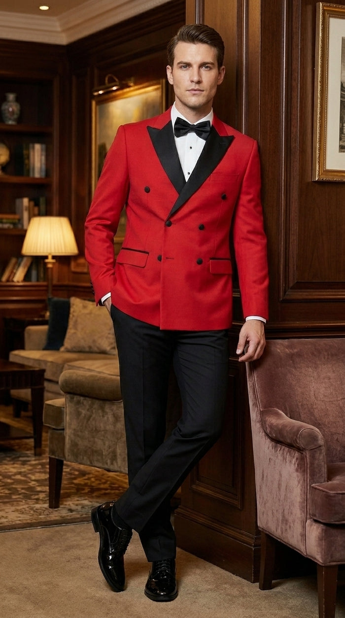 Men’s Red Double Breasted Wool Tuxedo with Black Lapel, Formal Wedding Prom Dinner Jacket