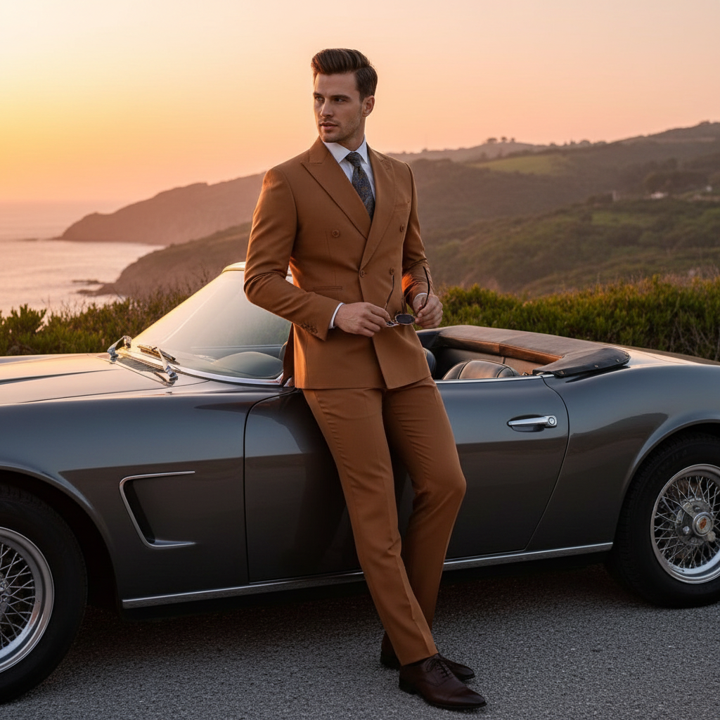 Mens Vitali Brand Rustish Orange Brown Copper Color Double Breasted Slim Fit Suit