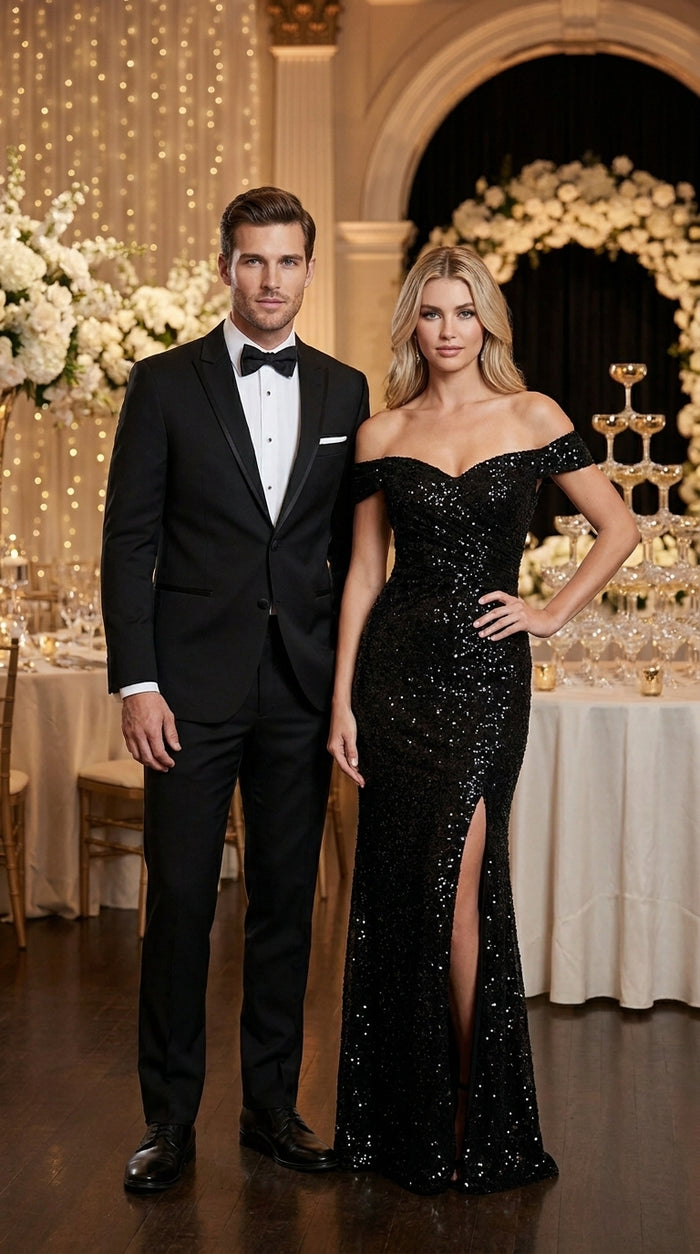 Men’s Black Designer Peak Trim Ashton Tuxedo with Satin Lapel, Formal Wedding Dinner Suit