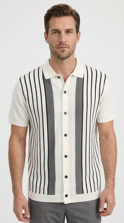 Mens White and Charcoal Gray Stripe Walking Suit Set – Short Sleeve Button Shirt and Pants Casual Summer Outfit for Travel, Vacation and Everyday Wear