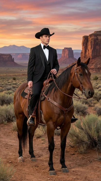 Black Western Tuxedo for Men | Classic Three Piece Formal Wedding Peak Lapel with Trim Collar Cowboy Suit