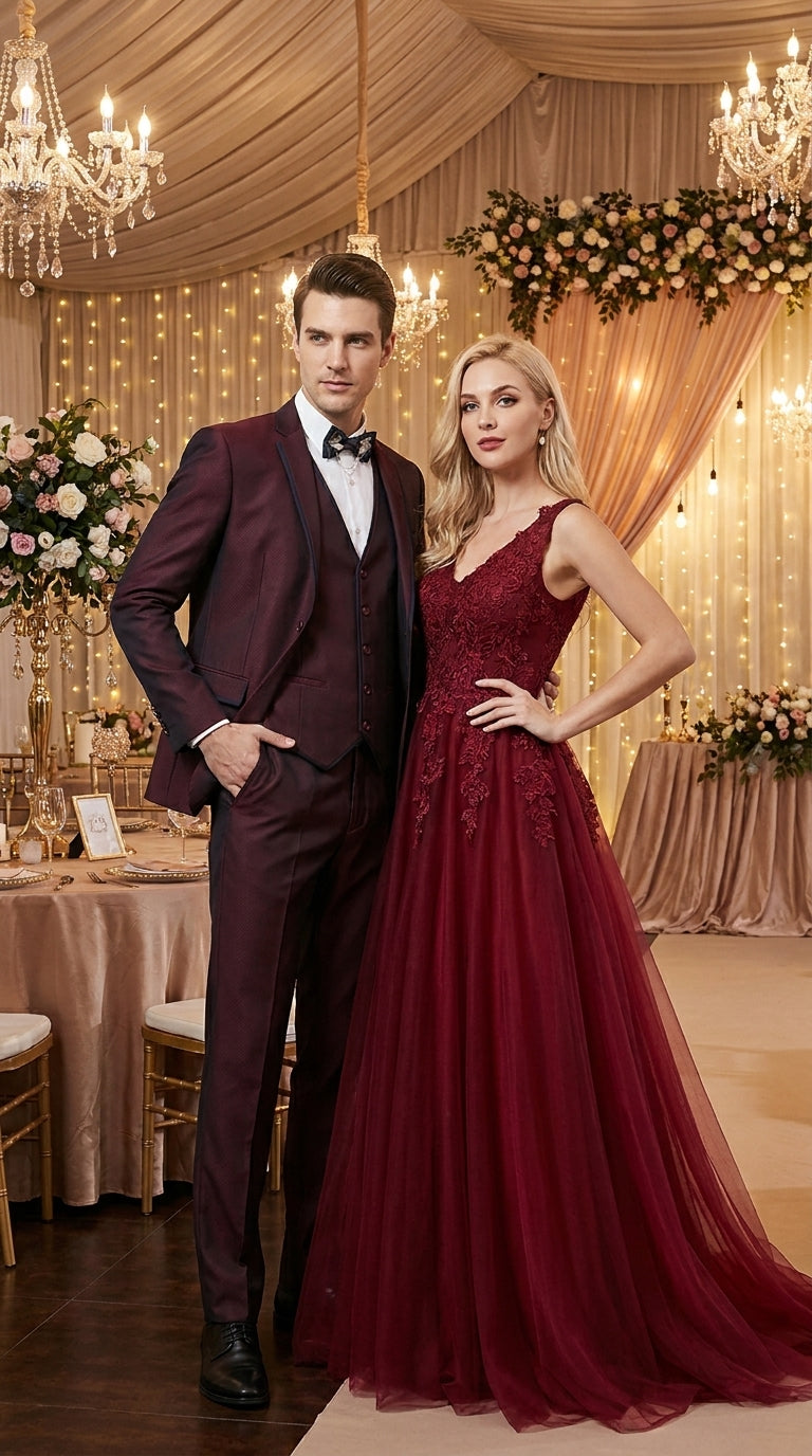 Men’s Burgundy Sharkskin Tuxedo with Satin Trim, Vested Formal Wedding and Prom Suit