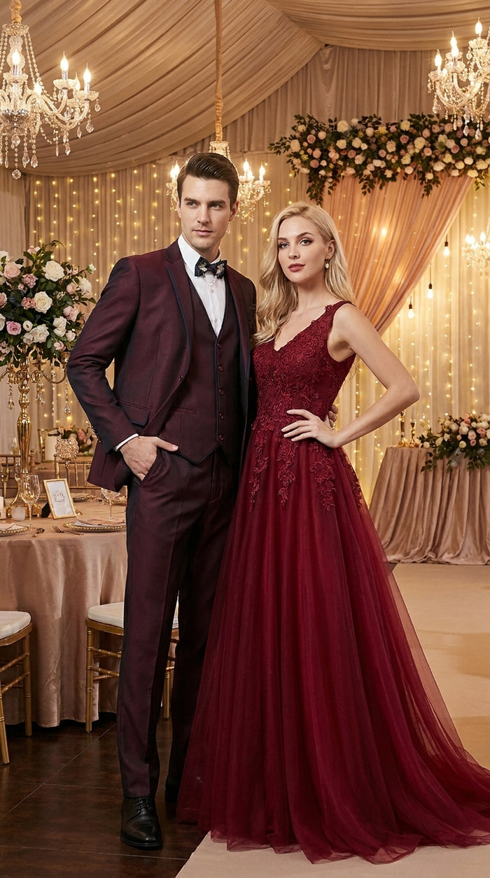 Men’s Burgundy Sharkskin Tuxedo with Satin Trim, Vested Formal Wedding and Prom Suit